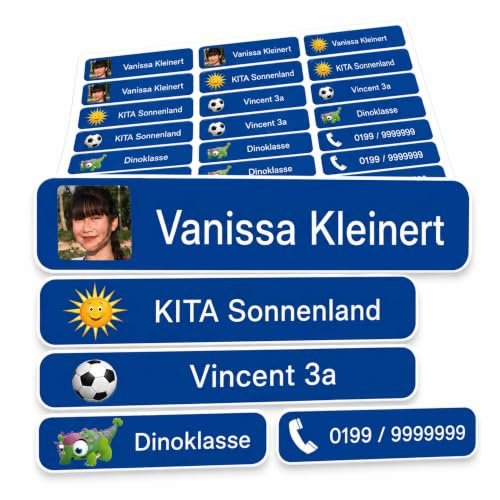 INDIGOS UG - Namensaufkleber Kinder Schule mit Foto - 36x7 mm - 10-150 Sticker - blau - personalisiert - selbstklebend - Etiketten für KITA, Sport, Sticker selbst gestalten