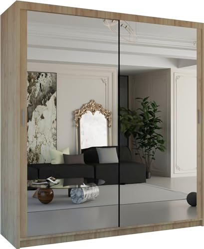 MN Furniture Modern Double Sliding Door Wardrobe 2 Mirrored Hanging Rails & Shelves Storage Cabinet for Bedroom (203cm, Houston Oak)