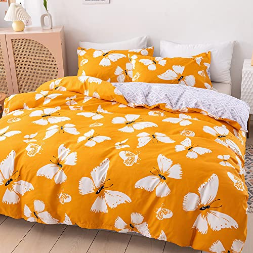 OUYUNKKA Schmetterlinge 2 teilig Bettwäsche 135x200cm,Gelb Weiß Schmetterling Plaid Reversibel Bettbezug Deckenbezug mit Reißverschluss und Kissenbezüge Bettwäscheset Geschenke für Frauen Mädchen