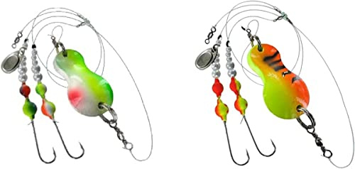 blntackle76 Set 2 Stück Buttlöffel von Jenzi Plattfisch Blinker montiert 80 Gramm grün/weiß/rot & 60 Gramm grün/rot/Tiger Glitzer + gratis Petri Heil! Aufkleber