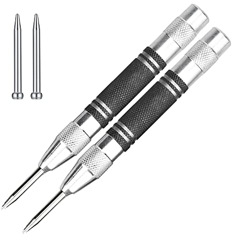 Automatic Centre Punch Spring Loaded Centre Hole Punch Tool with Adjustable Tension, Centre Punch with Replacement Punch Tips for Metal Wood 2Pcs
