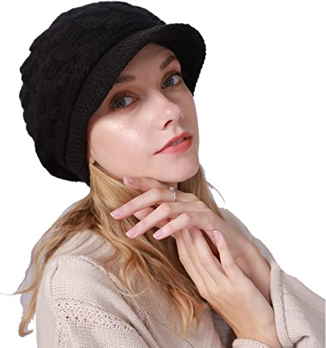 Cozyan Berretto da Donna in Maglia Donne Autunno Inverno Caldo Cappelli Donna Calda Pelliccia di Coniglio Cappello Invernale Ragazza Beanie Morbido a Maglia Berretto Fodera in Pile con Visiera (Nero)