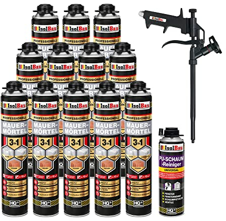 Isolbau Mauermörtel Set: 12x 750 ml PU-Mörtel 1x 500 ml Pistolenreiniger 1x Teflon Schaumpistole, PU-Reiniger, Montageschaum, Pistolenschaum