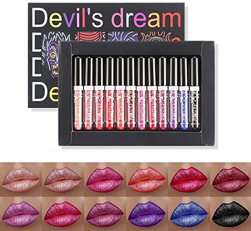 Holzsammlung 12 Farben Glitter Lipgloss Set, Matte Glitzer Lippenstift Metallic Pearl Lipgloss Wasserdicht Dauerhaft