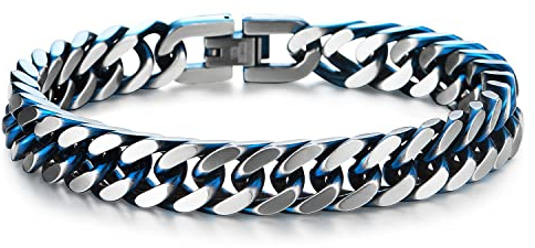 COOLSTEELANDBEYOND Herren Edelstahl Silber Blau Zweifarbig Panzerkette Armband, Satiniert