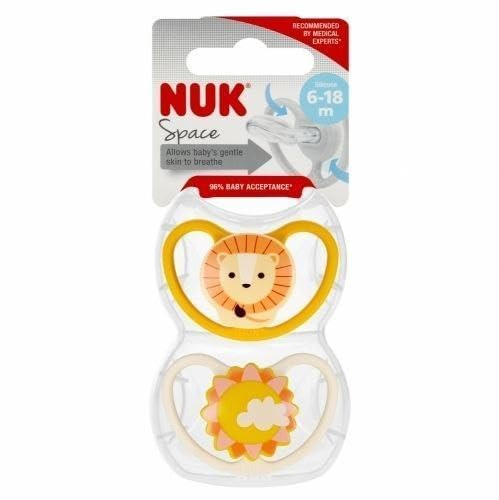 NUK Space Baby Schnuller | 6-18 Monate | Schnuller mit extra Belüftung für empfindliche Haut | BPA-freies Silikon | Löwe | 2 Stück