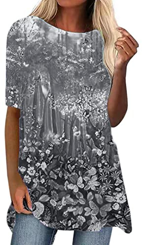 Longtops Damen Lang Kurzarm Lässig Blusen Longbluse Oberteile für Leggings Sommer Große Größen Damenblusen Longshirt Elegant Grosse Grössen Bluse Damenbluse Lange Sommerbluse Sexy Bunt Tunika Oberteil