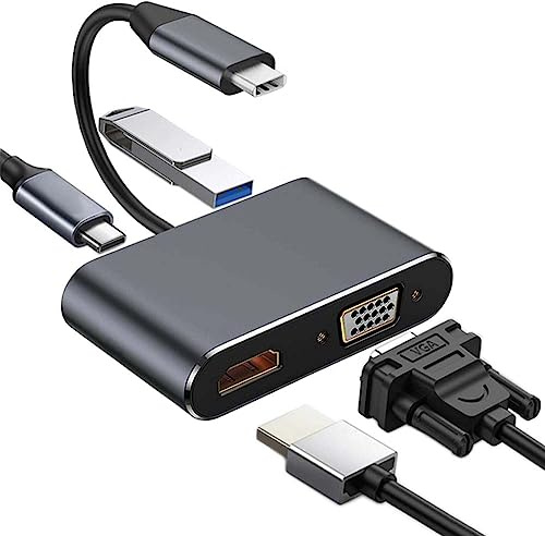 USB C to HDMI VGA Adapter Multiport, USB Type C 4K HDMI 1080P VGA Port 4 in 1 Hub Converter Compatible for MacBook Pro/Dell XPS/Samsung Galaxy/Surface Pro (Grey)