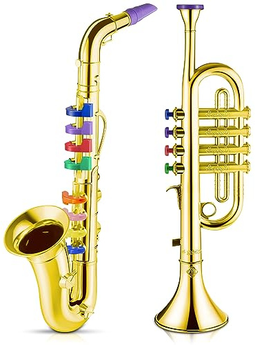 Lewtemi Set of 2 Musical Instruments Include Toy Trumpet and Saxophone Set Plastic Trumpet Educational Christmas Toy Home School Music Gift, Color Keys(Gold)