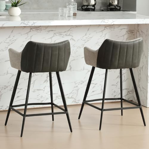 chairus Barhocker 2er Set PU-Leder & Leinen Barstuhl für Frühstück Grau | Tresenhocker mit Lehne, Modern Bar Stool mit Metallbeine, Küchenhocker Bistrohocker mit Fußstütze für Küche Hausbar Esszimmer