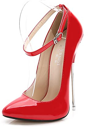YGJKLIS Damen 16cm Sexy Stiletto Pumps Ankle Strap High Heels Spitzen Hochzeit Party Kleid Schuhe (Rot,43EU)