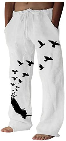 CSHE Stoffhose Herren Baumwolle Leicht Leinenhose Lässige Lang Sporthose Lose Einfarbig Freizeithose Schmetterling Muster Sommerhose mit Taschen Strandhosen Weich Bequem Jogginghose für Männer