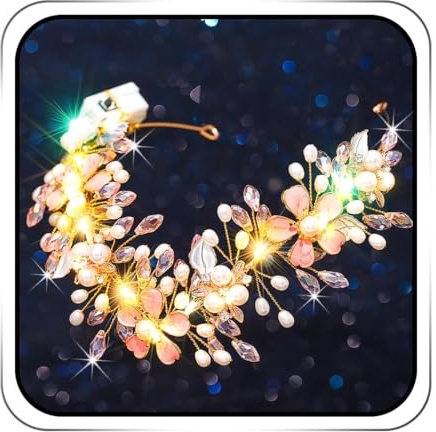 IYOU Leuchtende Hochzeit Krone Rosa Blume Led Fee Stirnband Kristall Perle Elfen Diademe Blinken Braut Bräute Haarschmuck für Damen