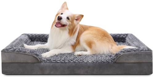 KSIIA Hundebett Grosse Hunde Orthopädisches, Bezug der Basis und Armlehnen abnehmbar waschbar, Wasserdicht Innenfutter, XL Hundesofa Hundekorb, erhöhte Ränder, rutschfeste Unterseite, Hundecouch grau
