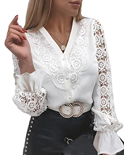 Minetom Donna Camicia Manica Lunga Blusa Elegante Maglietta Camicie in Pizzo Tinta Unita Oversize Scollo a V Shirt B Bianco M