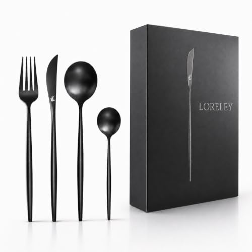 LORELEY® MITTELRHEIN Germany Premium Besteck Set Schwarz Matt – 24 teilig für 6 Personen – Edelstahl, spülmaschinenfest – Modernes Design – Für Zuhause, Hochzeit, Restaurant & Hotel – Edle Geschenkbox