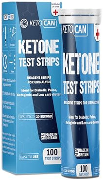 Keto CAN - Tiras de prueba de cetona, 100 tiras de prueba, fabricadas en el Reino Unido, tubo de aluminio, certificado IVD, grado de laboratorio, tiras reactivas para análisis de orina