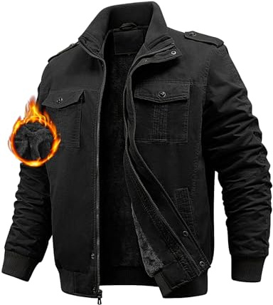 Niwicee Chaqueta Hombre Invierno Militar Cazadora Jacket Forro de lana Chaquetas de Trabajo Con Múltiples Bolsillos Cortaviento Casual Cálida Chaqueta de Algodón (Negro, XL)
