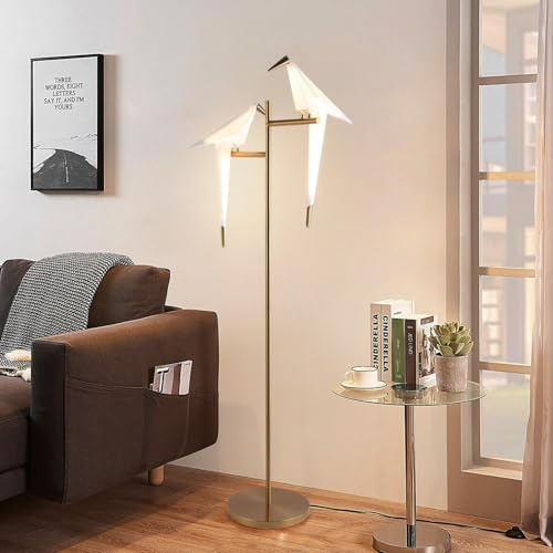 Stehlampe Wohnzimmer Moderne Gold Papier Kran Swing Vogel LED Stehlampe,3000K Warme Acryl Lampenschirm Metall Basis Stehlampen FüR Wohnzimmer Schlafzimmer BüRo Studie Lesen, 2 Kopf