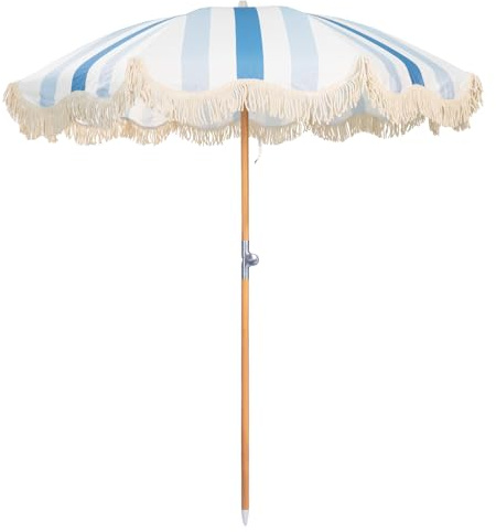 Mansader Strandschirm Boho 2m Faltbar mit Fransen UPF 50+ mit Tragetasche, faltbarer Terrassenschirm für Garten, Rasen, Pool, Hoftisch, blau / grau, 198.12 cm