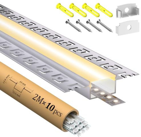 LASLUX LED 2m × 10 – Alu Unterputz Profil 64x13.6mm für Streifen bis 20mm – Led unterputz profil trockenbau Aluminium Profile Schiene Kanäle Leiste Diffusor mit Abdeckung & Clips