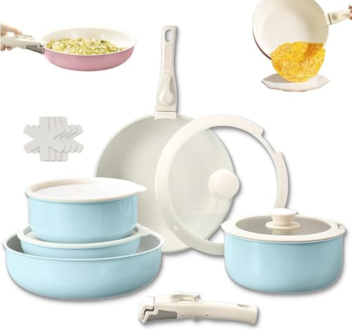 Gourmetific Cookware Set, 2025 Upgraded 15 Piece Gourmetific Kitchen Kit, Pots and Pans with Detachable Handle Set, Stackable Storage, Easily Clean (Blue)