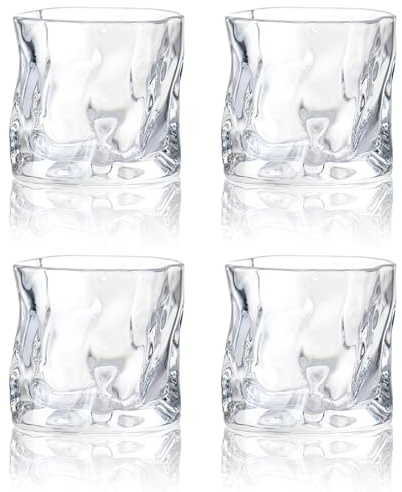 MeYuxg Whiskyglas set om 4 stycken, 200 ml, transparent kristallglas, oregelbunden design – perfekt för dagligt bruk i köket, baren eller vardagsrummet