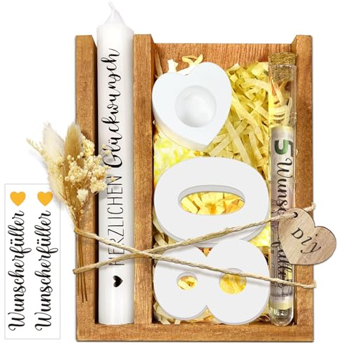 80 Geburtstag Geschenk Frauen & Männer, 80 Holz Schild Gästebuch mit Kerzen & LED Lichterkette Ständer Geldgeschenke, Originelle Personalisiertes Hochzeit Geschenke Deko 80 Jahre Tischdeko