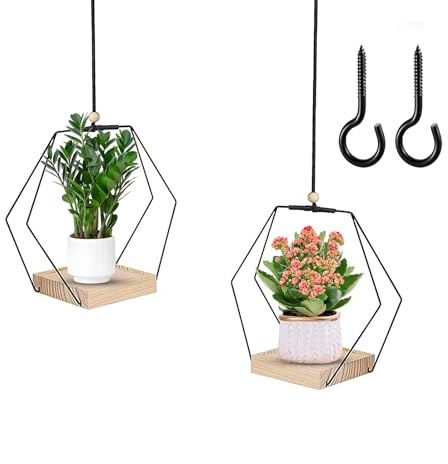 Tutamaz 2pcs hängeblumentopf mit Holzsockel,Hängende Blumenampel,hängekorb Pflanzen, hängepflanzen Topf, Blumenampel hängend innen für Innen Außen Decken Balkone Wanddekoration