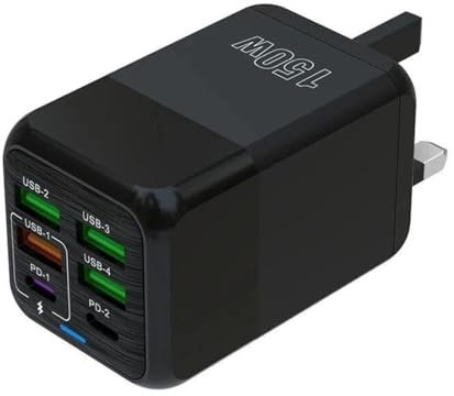 FiTspi 6-Port USB C Plug Fast Charging, 150W Fast Charger Plug, Multi USB Power Adapter, Dual Port PD Power Adapter +QC USB A Wall Charger Compatible with IOS and Android devices (Black)