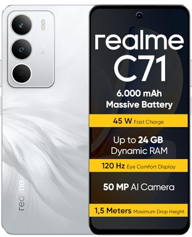 realme C71 Smartphone de 8+256 GB, 6.67 Pantalla, Refresco de 120Hz, Cámara de 50 MP IA, 6000mAh, Carga Rápida 45W, Powerful 8 Core Processor Teléfono móvil, IP54, Blanco Cisne(Versión EU)