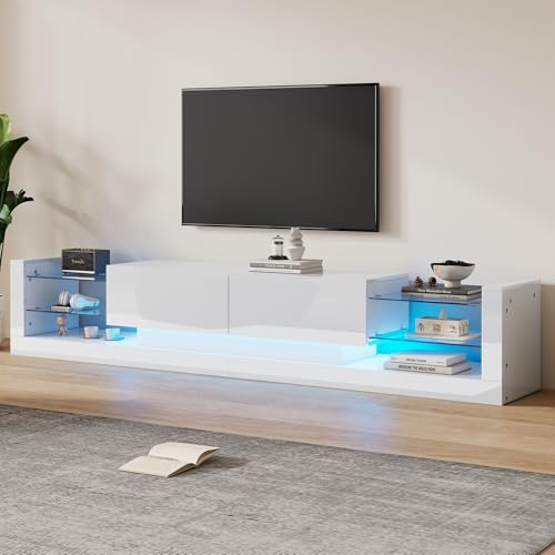 LINKHOO Meuble TV Brillant, avec éclairage LED, façade en Verre, Deux tiroirs rabattables, Charge maximale 50 kg, 181 * 38 * 38 cm, Blanc
