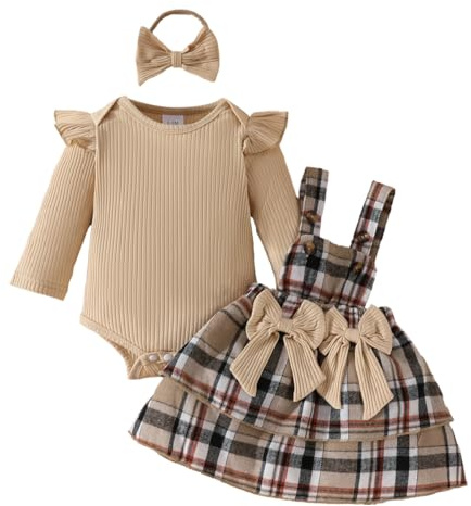 LUVCES Ensemble Naissance Bebe Fille Manches Longues à Volants Couleur Unie Barboteuse + Nœud papillon à carreaux Salopette à Bretelles Robe Vêtements Tenue Plaid kaki 6-12 Mois