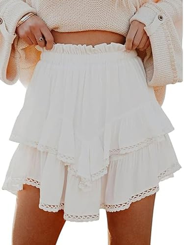 Kouoybt Women Flowy Skorts Summer Mini Ruffle Skirts Casual High Waist Skirt Tiered Skorts Golf Tennis Crochet Shorts (A-White, L)