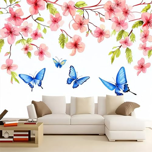 Carta da Parati Panoramica Farfalla fiori di ciliegio 200x140 cm Carta da Parati Murale Non Tessuto Poster Gigante, per Camera da Letto Soggiorno TV Sfondo Parete Murali