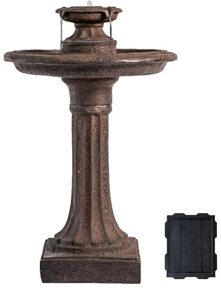 XBrand 28 Solar Powered Outdoor Bird Bath Water Fountain, Resin Fountain with Solar Panel, Brown