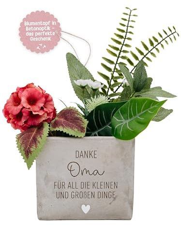 wunderwunsch Blumenvase Blumentopf Betonoptik als Geschenk individualisiert mit Spruch als Blumengeschenk zu Hochzeit, Geburtstag, Danke, Abschied (Danke Oma, quadratisch 11x11x9,5)