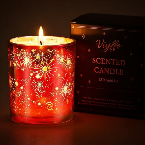 Viyffo 12oz Decorative Holiday Scented Candle - Mulled Wine, Red, Non Toxic Soy Candle with Heat-Activated LED Glow, Perfect for Birthday, Housewarming & Family Gatherings Night Light Home Decor, Gift