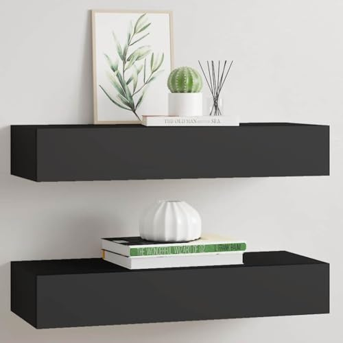 Massbinet Wandregale mit Schubladen Schweberegale 2 STK. Schwarz 60x23,5x10 cm MDF