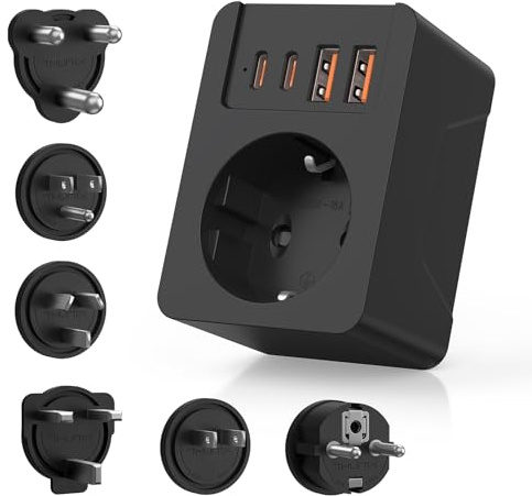 Adaptateur Prise France vers USA/UK/JAP/AUS/Afrique du Sud/EU, Adaptateur Voyage Universel International avec 2 USB et 2 Type C(PD 20W), Type B/G/E/F/A/I/M Prise vers UK Canada Singapore HK-Noir