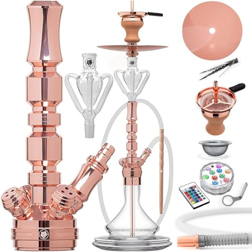 DILAW® Shisha Set TRIPHAN 66cm Edelstahl Wasserpfeife Profi Zubehör Komplett-Set bis 4-Anschlüsse mit Bowl, LED Licht, Kaminkopf, Molassefänger, Silikonschlauch, Alu Mundstück, Tonkopf & Kaminaufsatz