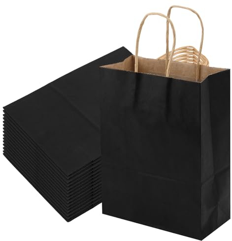 CHUEHKAK 150 svarta papperspåsar med handtag, 15 x 8 x 21 cm, små presentpåsar av kraftpapper för bröllop, fest, fester, lastkapacitet 7,5 kg