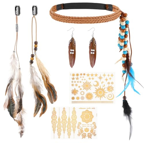 Camptrip 6 Stück Boho Schmuck Set Damen Indianer Schmuck | Boho Haarschmuck mit Kopfschmuck Federn & Boho Ohrringe, Temporäre Tattoos, Hippie Schmuck für Karneval Halloween Kostümparty