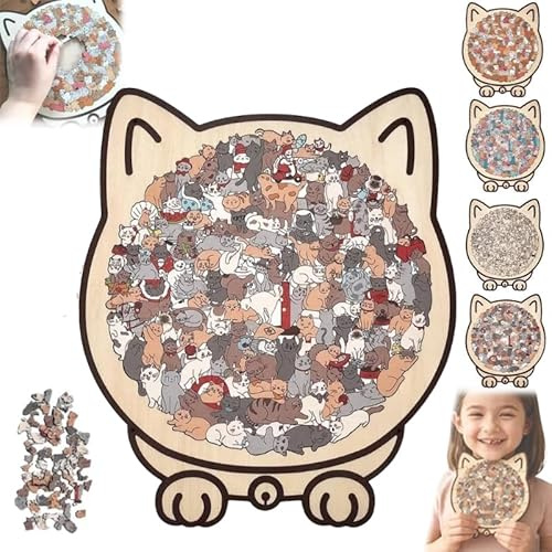 135-teiliges Morandi Katzen-Puzzle aus Holz, Maracron-Farben mit Katzen-Silhouettenrahmen, Einzigartig geschnittene Puzzleteile für Erwachsene & Jugendliche, Dekoratives Geschenk für Zuhause (A)