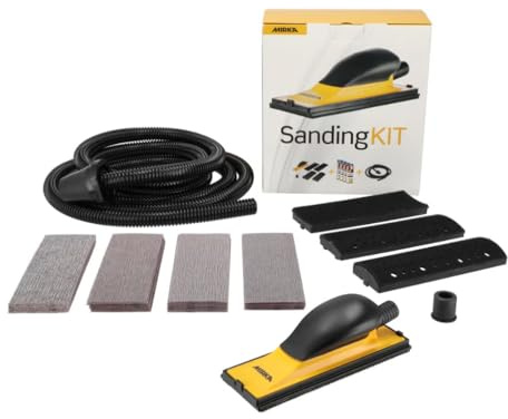 Mirka Kit de bloc manuel/ponceuse manuelle avec embouts convexes et concaves/pour bandes abrasives de 70 x 198 mm + 40 bandes abrasives Abranet, tuyau d'aspiration de 4 m, adaptateur | Ponceuse manuelle avec aspiration convexe concave, embouts pour bandes abrasives Abranet et tuyau d'aspiration de 4 m