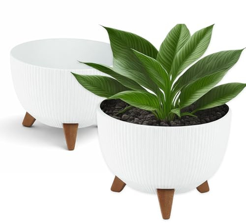 FEINZ Vaso Da Fiori Con Gambe 40 cm, Bianco, Con Inserto E Drenaggio | Per Interni/Esterni, Resistente Intemperie, Stile Scandinavo Effetto Legno