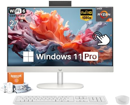 HP 27 Inch All in One Desktop Computer Touchscreen, AMD Ryzen 5 7520U(Max 4.3 GHz), 27” FHD IPS, 16GB RAM, 1TB SSD, WiFi 6, BT 5.3, Business & Home, Wireless KB and Mouse, Win 11 Pro, Accessories
