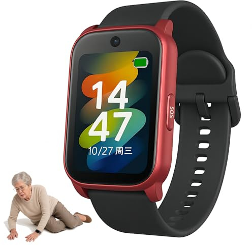 PEIKVOUL GPS Smartwatch für Senioren mit Sturzerkennung SOS Notruf HD Videoanruf IP67 Wasserdicht GPS Tracker für Demenz Alzheimer Pflege,Rot