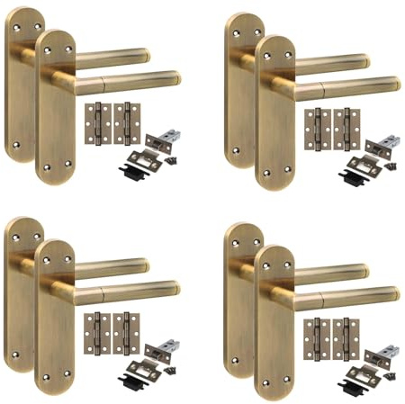 Golden Grace Mitred Door Handle Set with Hinges, Antique Brass, 4 Sets | Includes ball bearing hinges, spindle, and screws for quick setup. Solid zinc alloy build offers smooth, lasting operation.