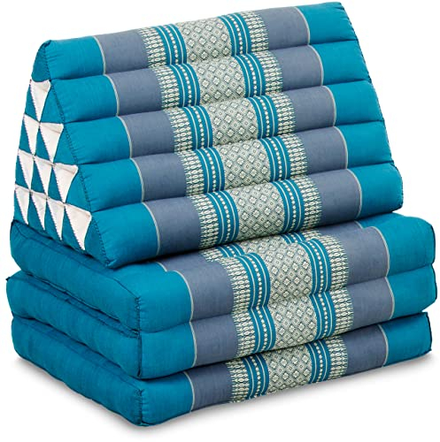 livasia Thaikissen 3 Auflagen extrahoch - 185x55x8cm - Dreieckskissen mit Klappmatratze, Kapok, Jumbo Rückenkissen faltbar, Thaimatte Klappen, handgefertigt, Meditationskissen (Hellblau)